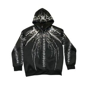Romwe Mens Black Goth Spider Web Graphic Hoodie Sweatshirt Large Streetwear